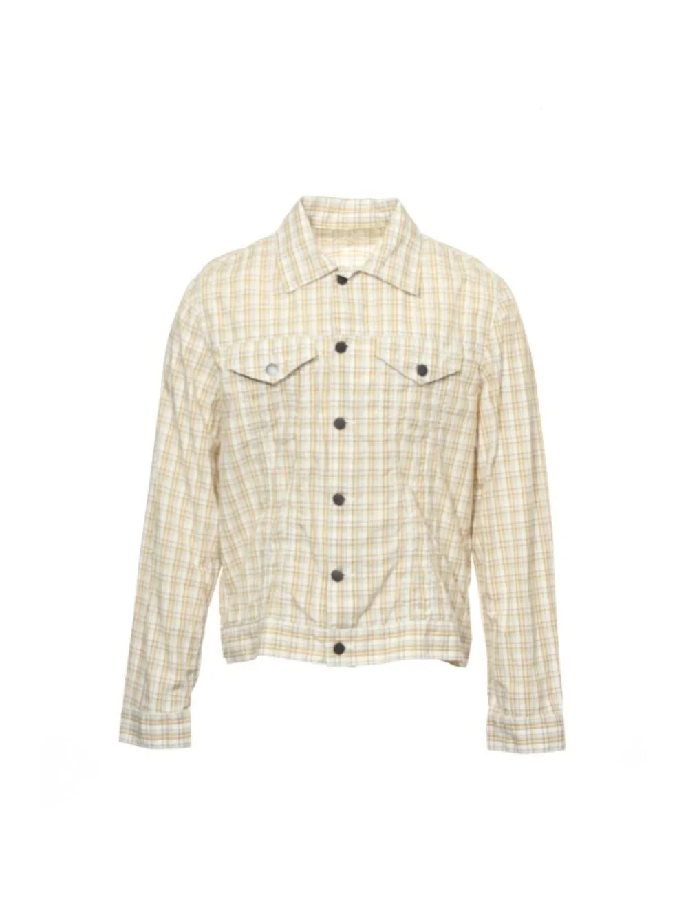 24 Standard Mens Trucker Jacket M Yellow Plaid Cotton Button Front Casual NWT